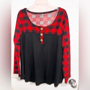Women’s Black Long-Sleeve Top with Red Buffalo Plaid Accents